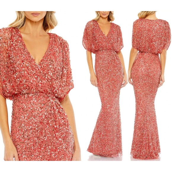 Mac Duggal‎ 5640 Draped Sleeve V Neck Gown Paprika Orange Red SZ 16 NWT - Picture 4 of 8